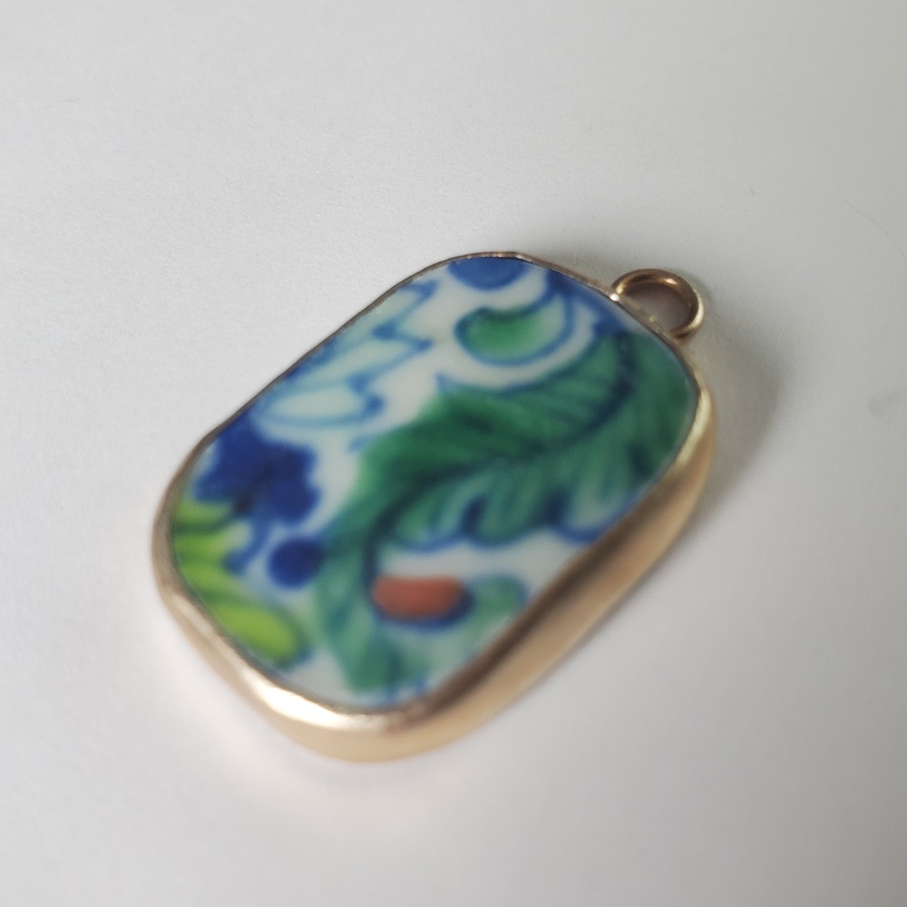 Vintage Porcelain Pottery Shard Charm Mini Pendant Blue Green Floral Paisley - Picture 4 of 10